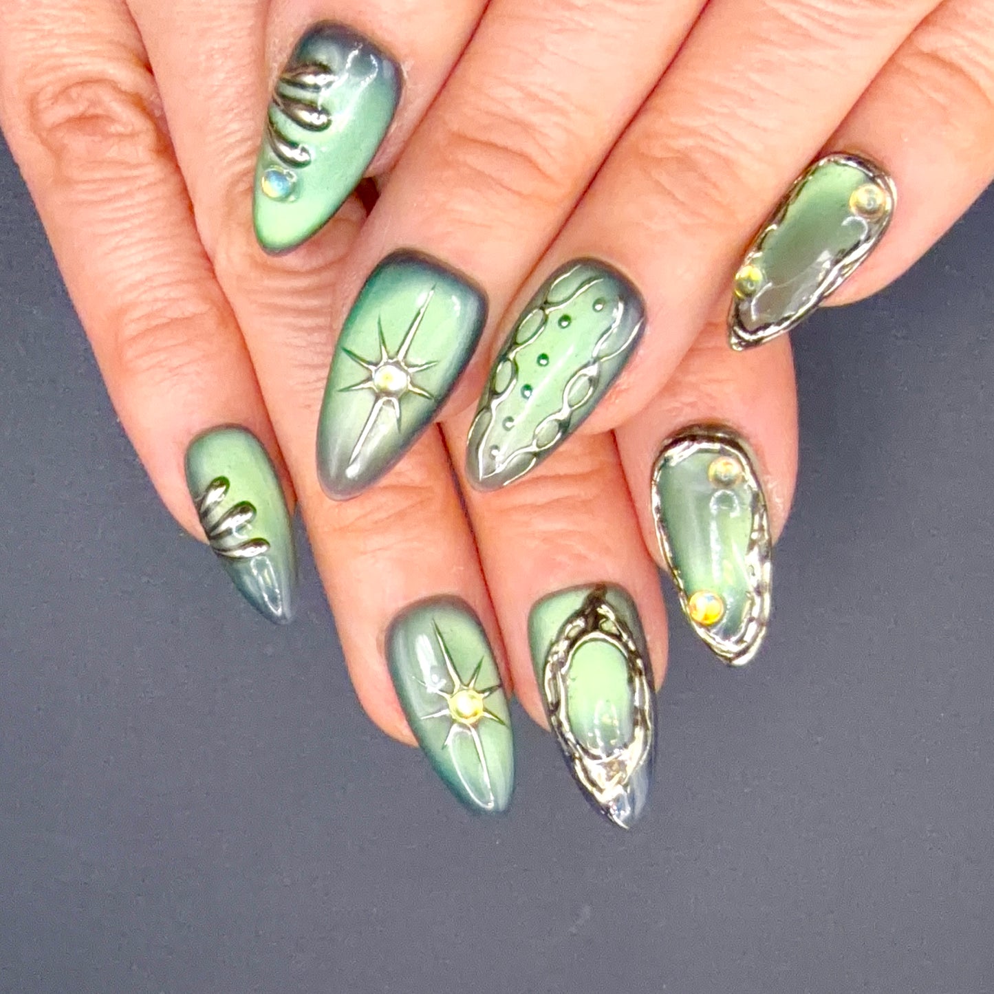 Sage Chrome Aura Press-On Nails | Metallic Green 3D Abstract Nails