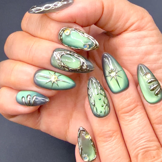Sage Chrome Aura Press-On Nails | Metallic Green 3D Abstract Nails