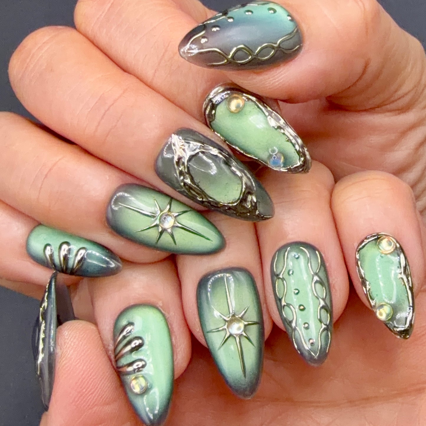 Sage Chrome Aura Press-On Nails | Metallic Green 3D Abstract Nails