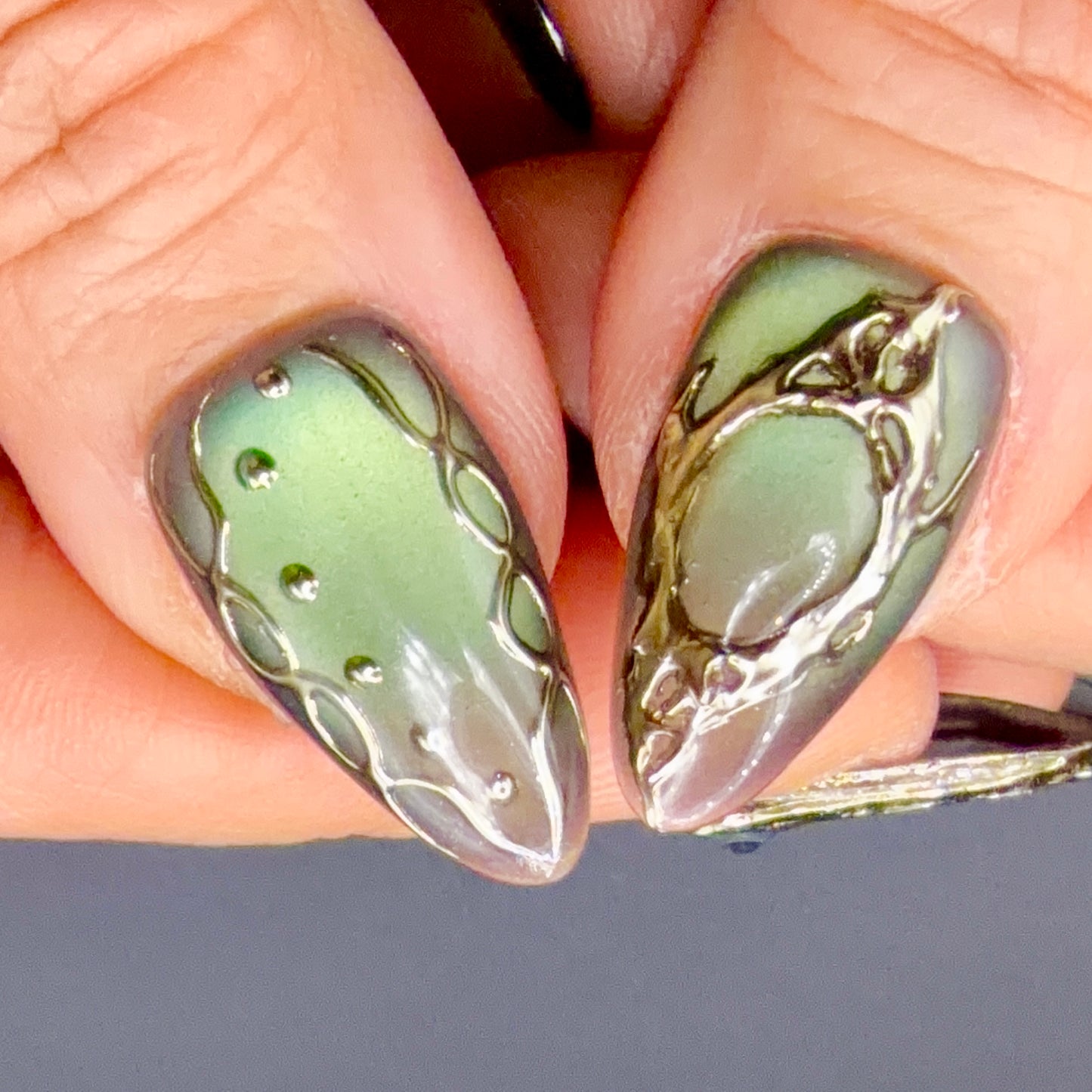 Sage Chrome Aura Press-On Nails | Metallic Green 3D Abstract Nails