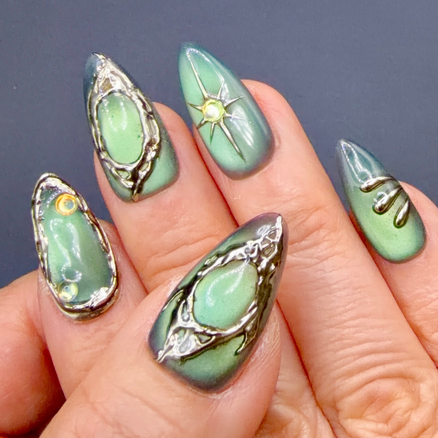 Sage Chrome Aura Press-On Nails | Metallic Green 3D Abstract Nails