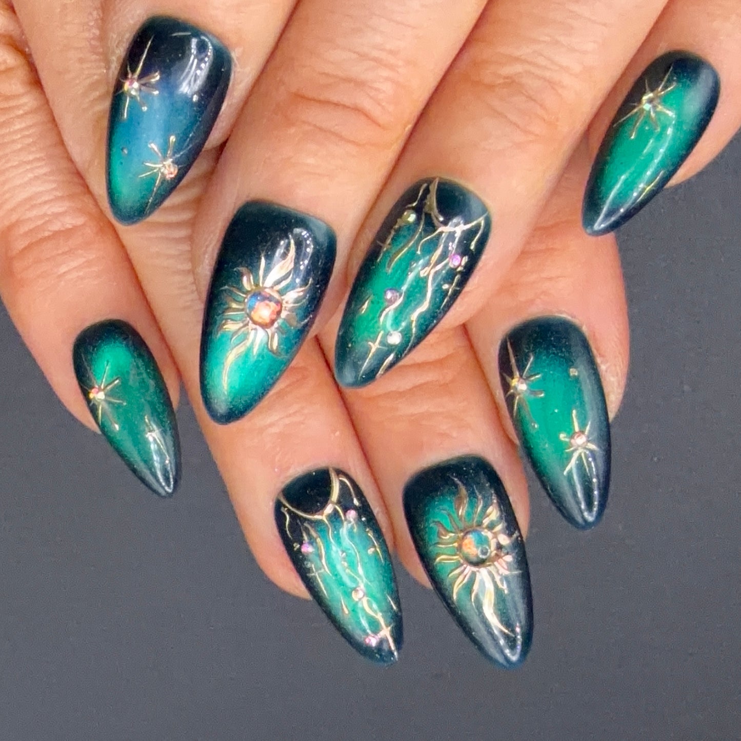 Emerald Galaxy Celestial Press-On Nails | Sun Moon & Star Nails