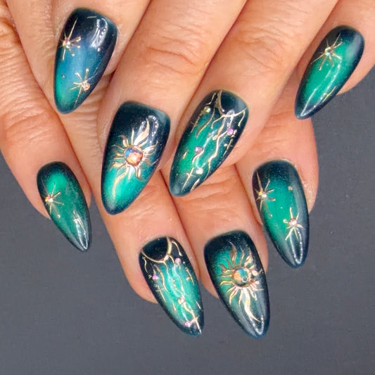 Emerald Galaxy Celestial Press-On Nails | Sun Moon & Star Nails