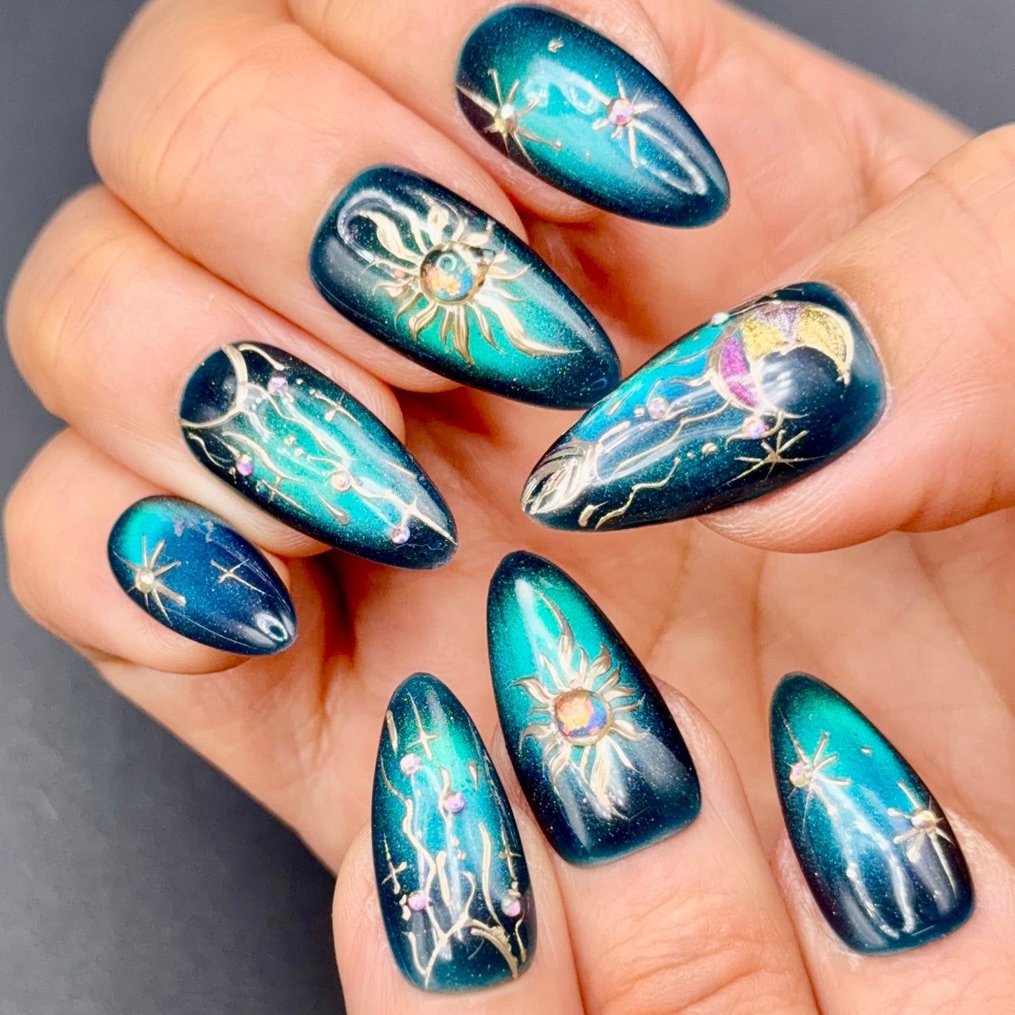 Emerald Galaxy Celestial Press-On Nails | Sun Moon & Star Nails