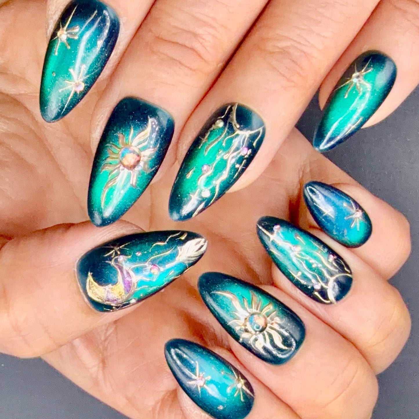Emerald Galaxy Celestial Press-On Nails | Sun Moon & Star Nails