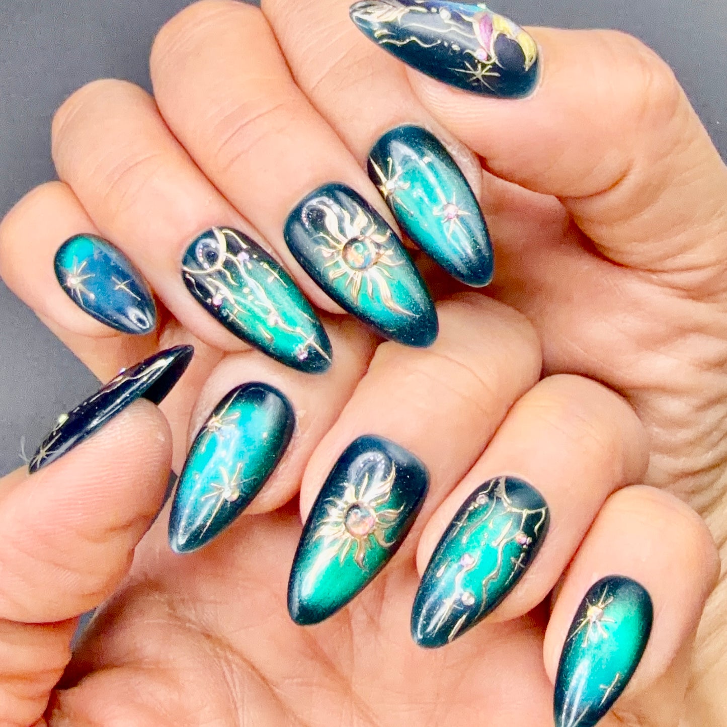 Emerald Galaxy Celestial Press-On Nails | Sun Moon & Star Nails