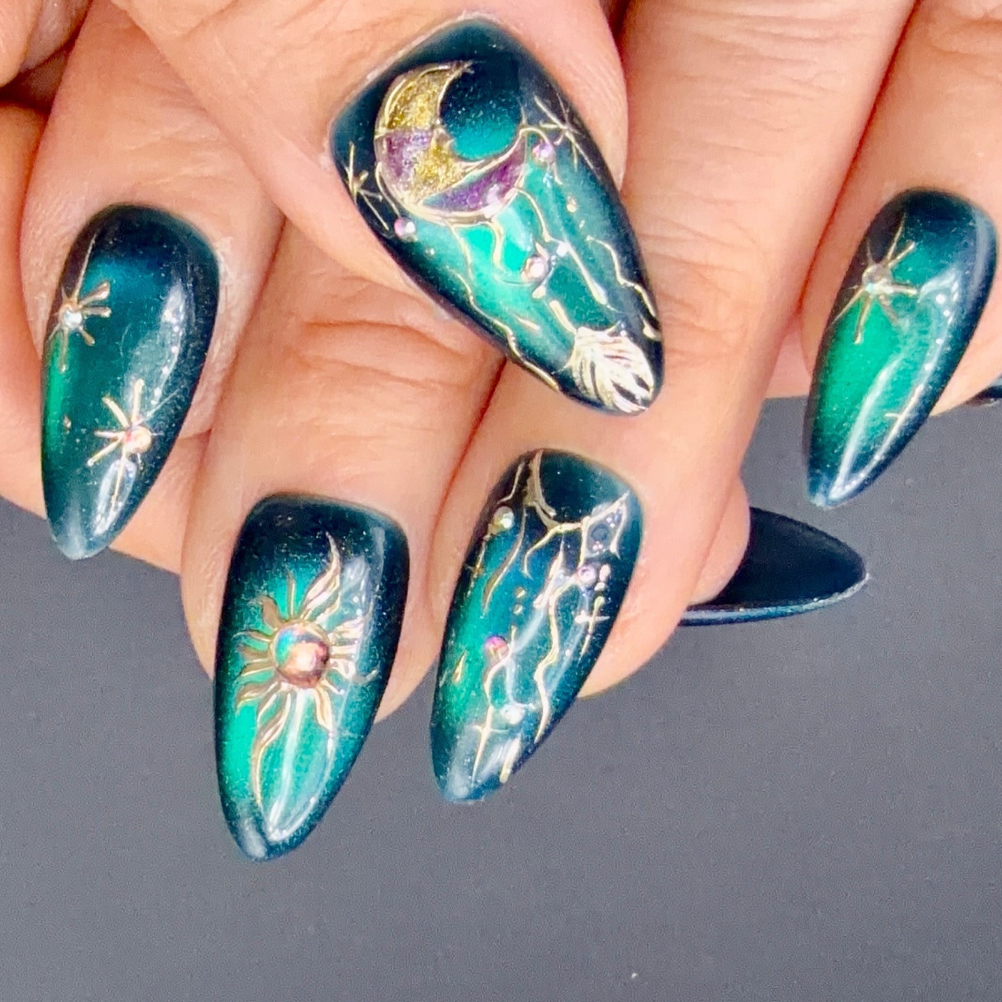 Emerald Galaxy Celestial Press-On Nails | Sun Moon & Star Nails