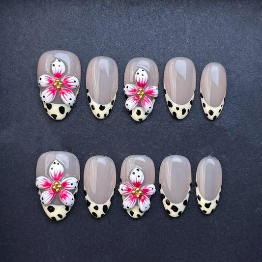 Pink Blossom Dalmatian French Press-On Nails | 3D Flower Nails | Neutral Gray Nude Nails | Almond Press-On Nail Set | Handmade Reusable Nails