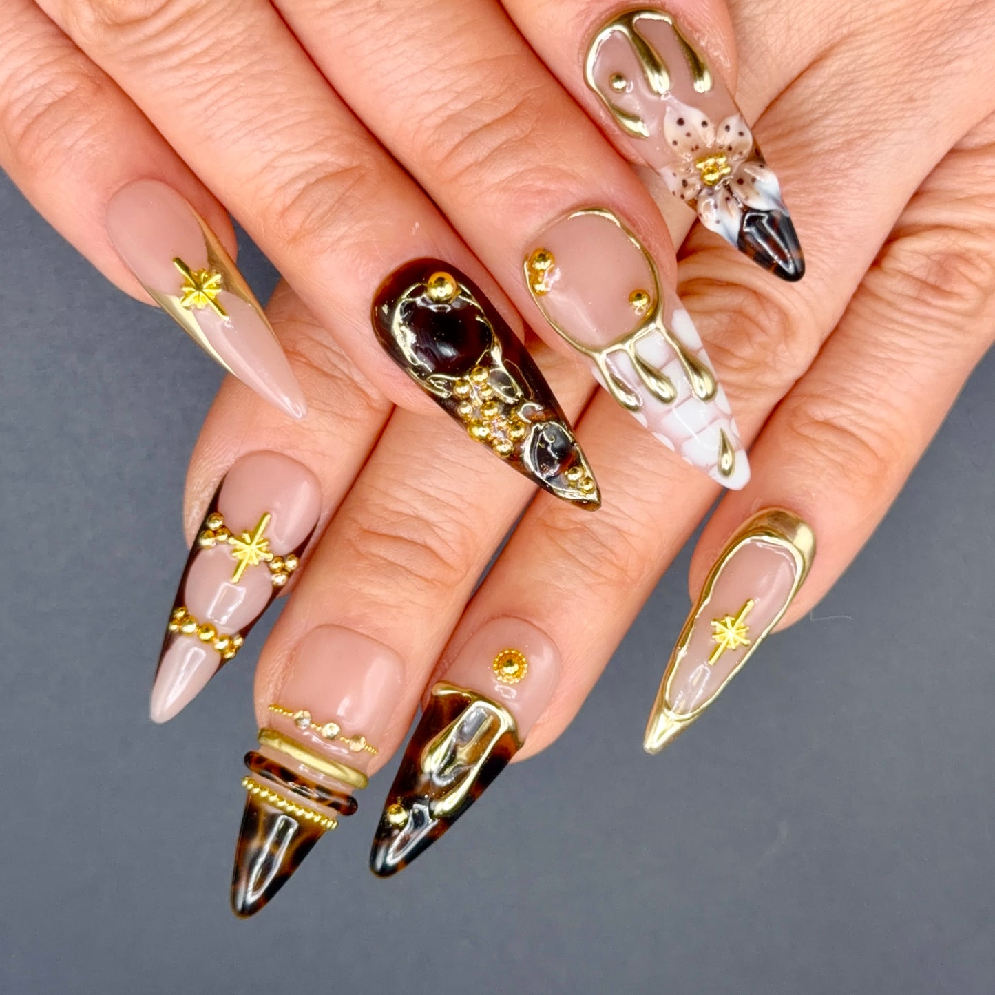 Midnight Luxe Black & Gold 3D Press-On Nails | Jeweled Stiletto Nails