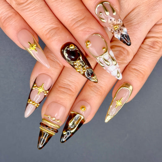 Midnight Luxe Black & Gold 3D Press-On Nails | Jeweled Stiletto Nails
