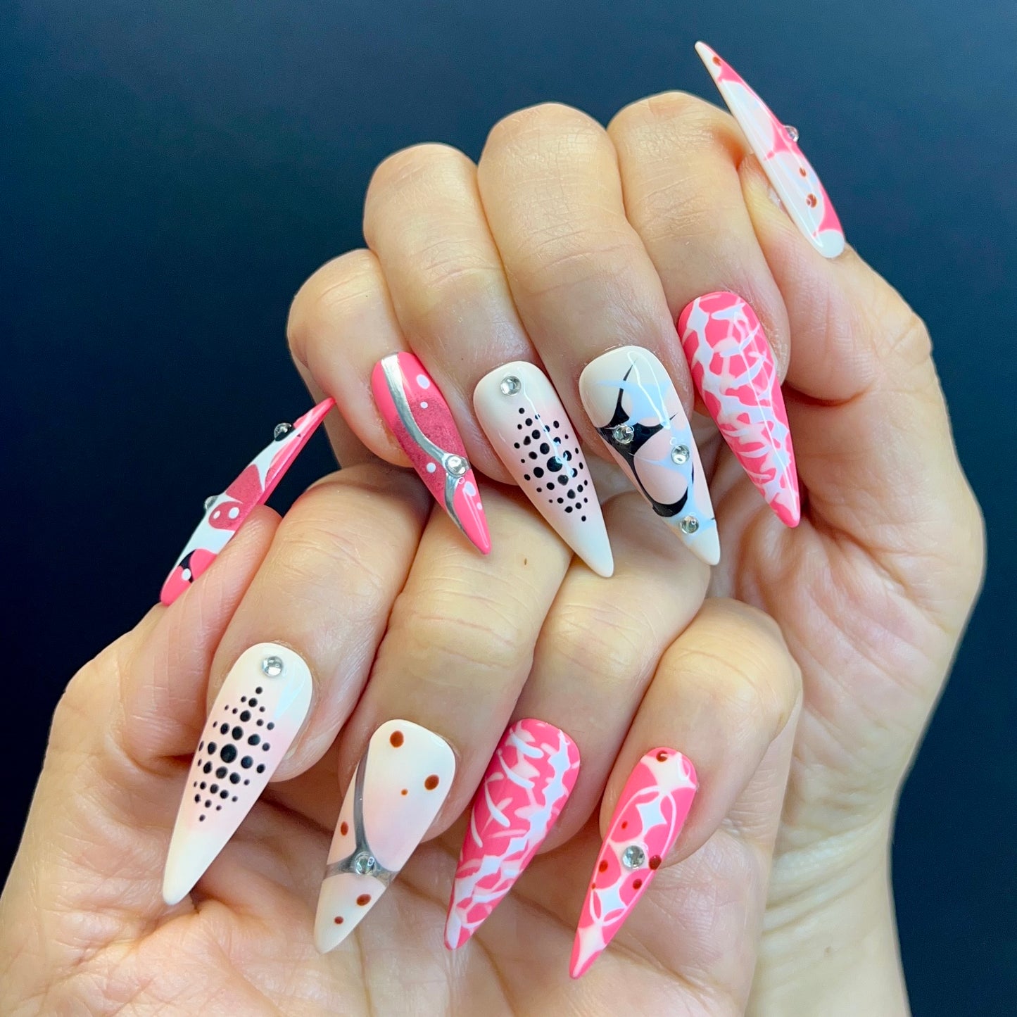 Hot Pink Abstract Press-On Nails | Nude Pink Modern Art Nails | Silver Chrome Accent | Rhinestone Luxury Nails | Handmade Reusable False Nails