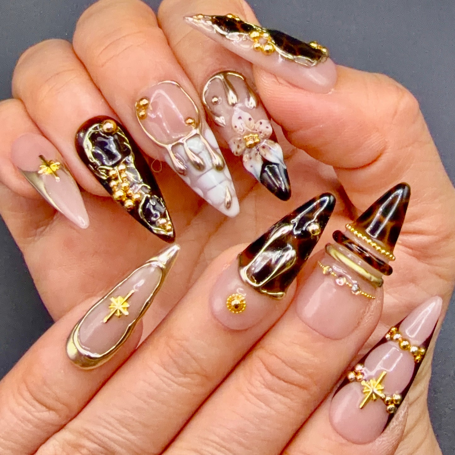 Midnight Luxe Black & Gold 3D Press-On Nails | Jeweled Stiletto Nails