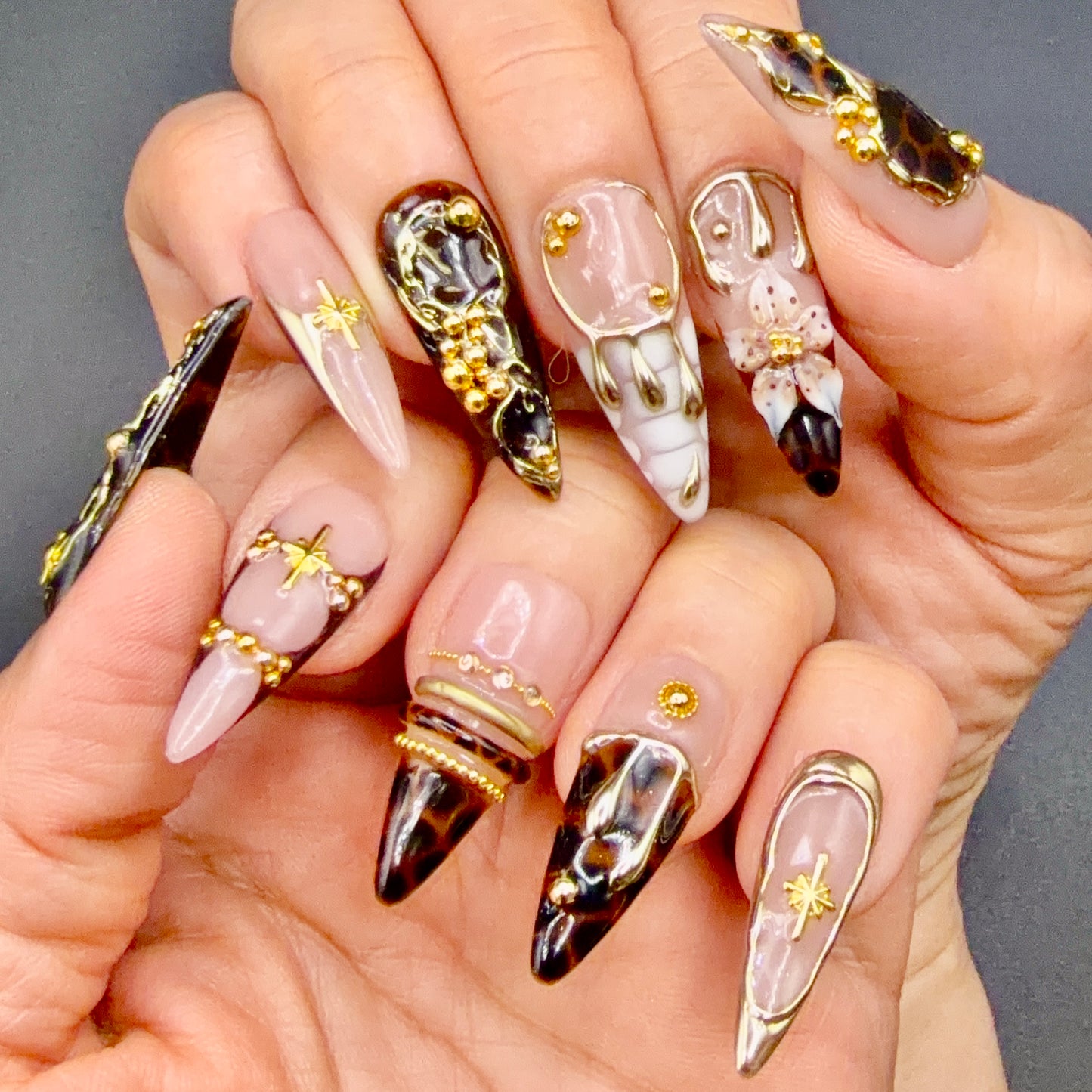 Midnight Luxe Black & Gold 3D Press-On Nails | Jeweled Stiletto Nails