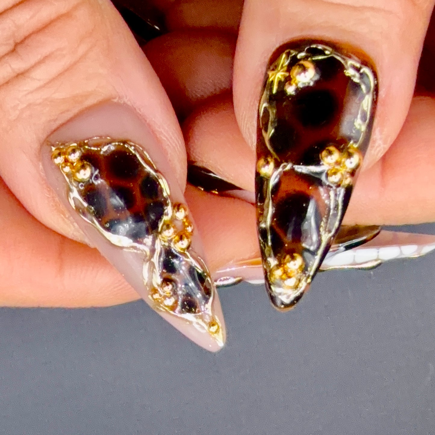 Midnight Luxe Black & Gold 3D Press-On Nails | Jeweled Stiletto Nails