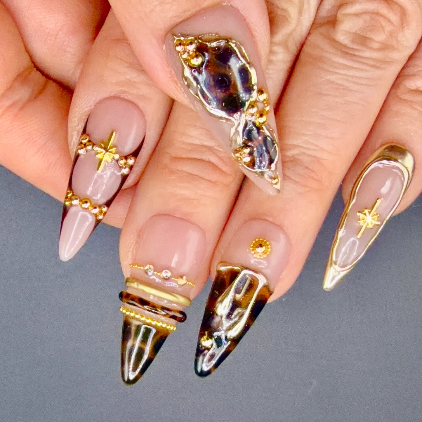 Midnight Luxe Black & Gold 3D Press-On Nails | Jeweled Stiletto Nails