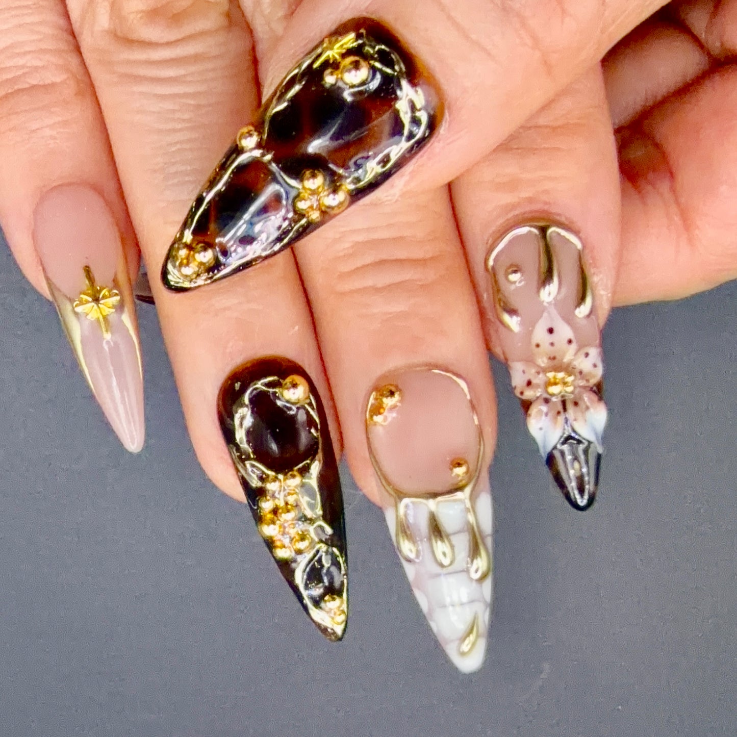 Midnight Luxe Black & Gold 3D Press-On Nails | Jeweled Stiletto Nails
