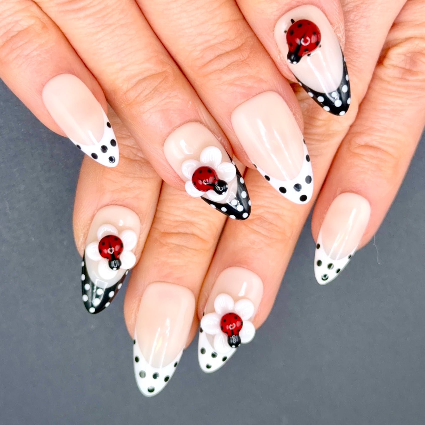 Lucky Ladybug 3D Flower Press-On Nails | Black & White Polka Dot Nails