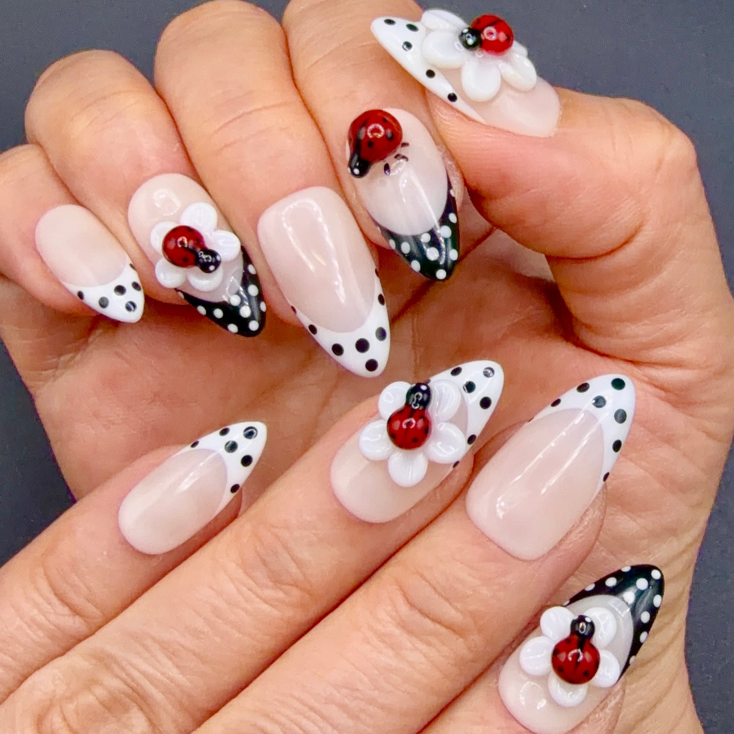 Lucky Ladybug 3D Flower Press-On Nails | Black & White Polka Dot Nails