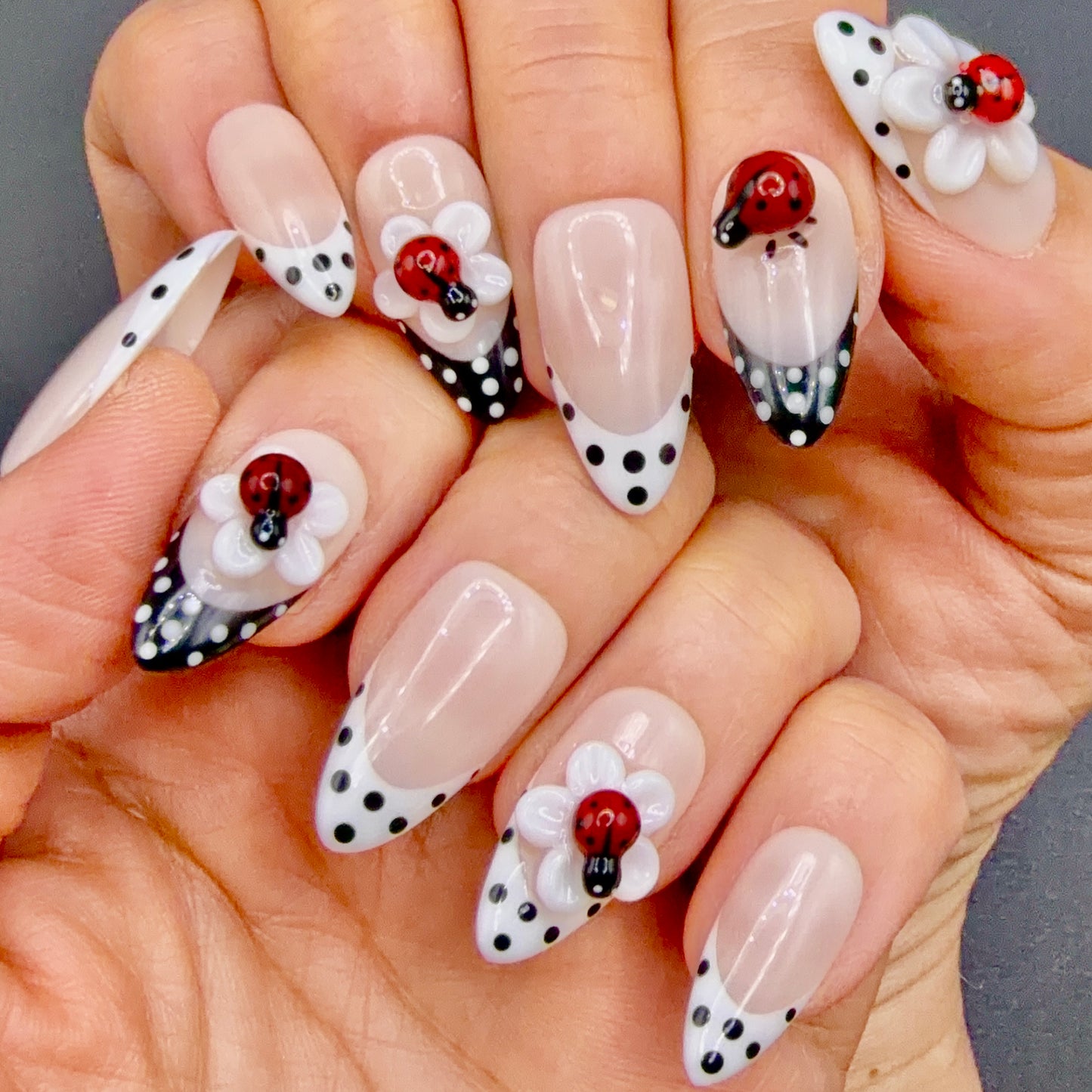 Lucky Ladybug 3D Flower Press-On Nails | Black & White Polka Dot Nails
