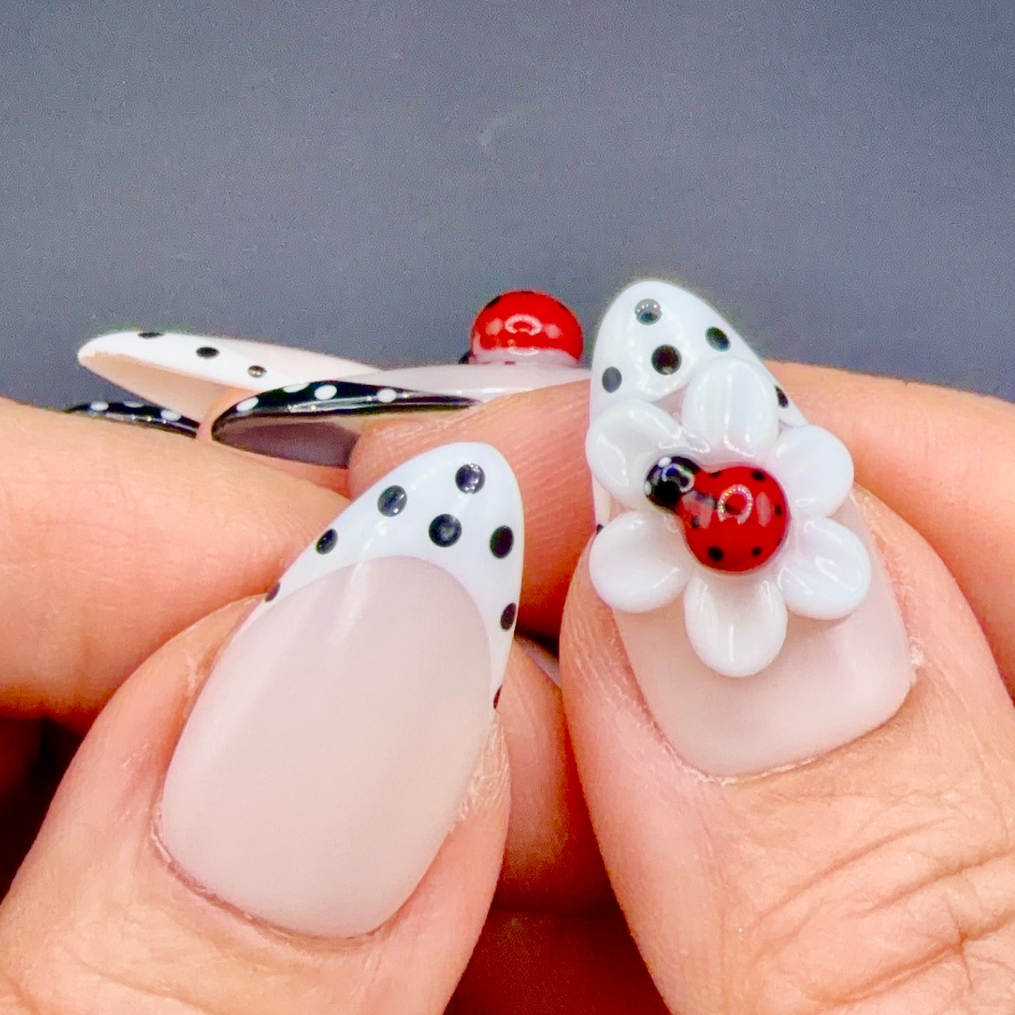 Lucky Ladybug 3D Flower Press-On Nails | Black & White Polka Dot Nails