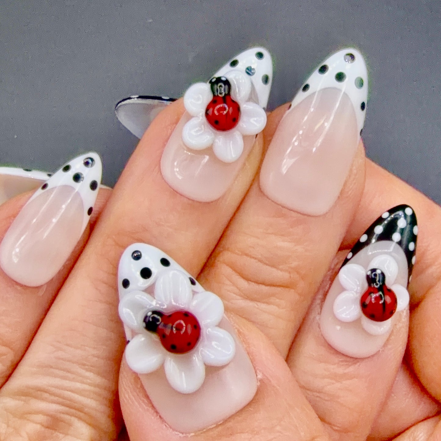Lucky Ladybug 3D Flower Press-On Nails | Black & White Polka Dot Nails