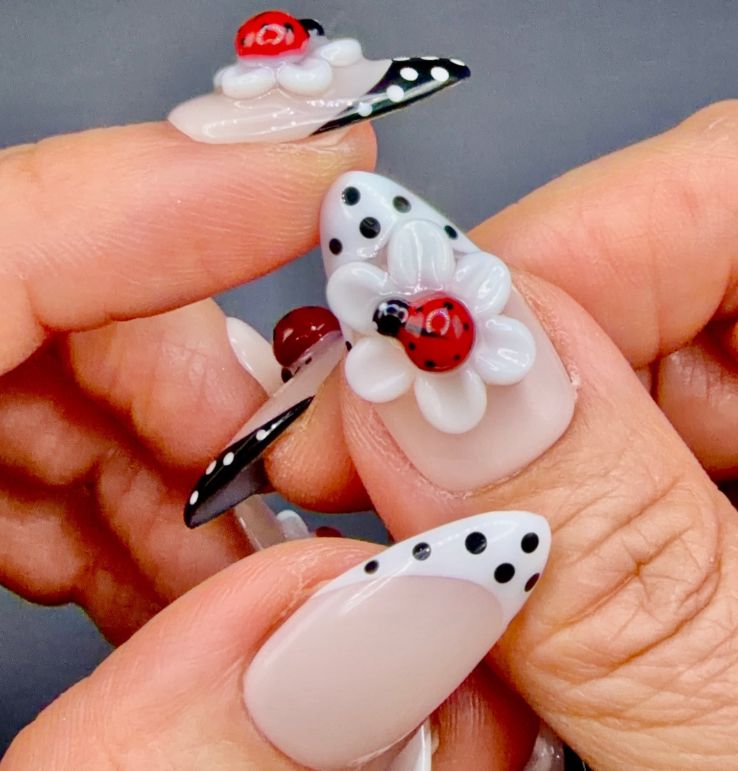 Lucky Ladybug 3D Flower Press-On Nails | Black & White Polka Dot Nails