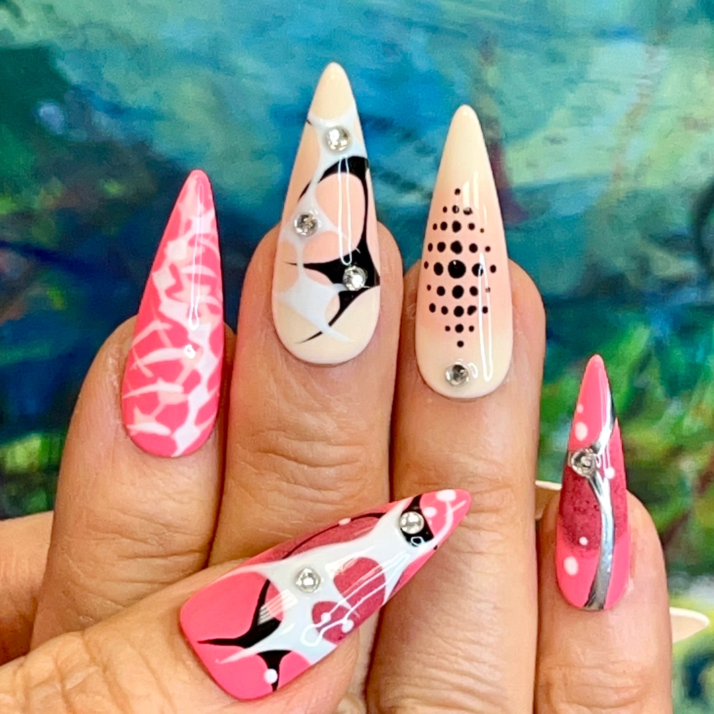 Hot Pink Abstract Press-On Nails | Nude Pink Modern Art Nails | Silver Chrome Accent | Rhinestone Luxury Nails | Handmade Reusable False Nails