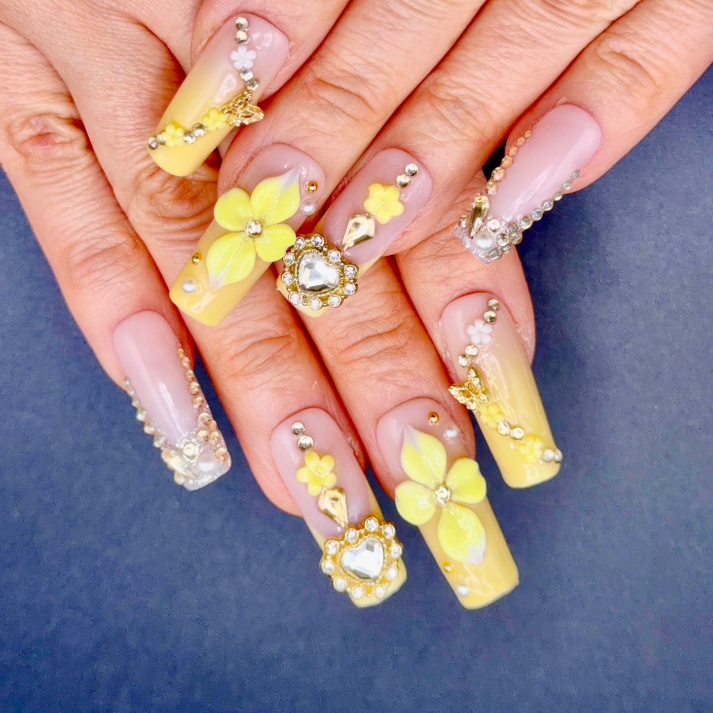 Lemon Blossom 3D Floral Jeweled Press-On Nails | Yellow French Tips