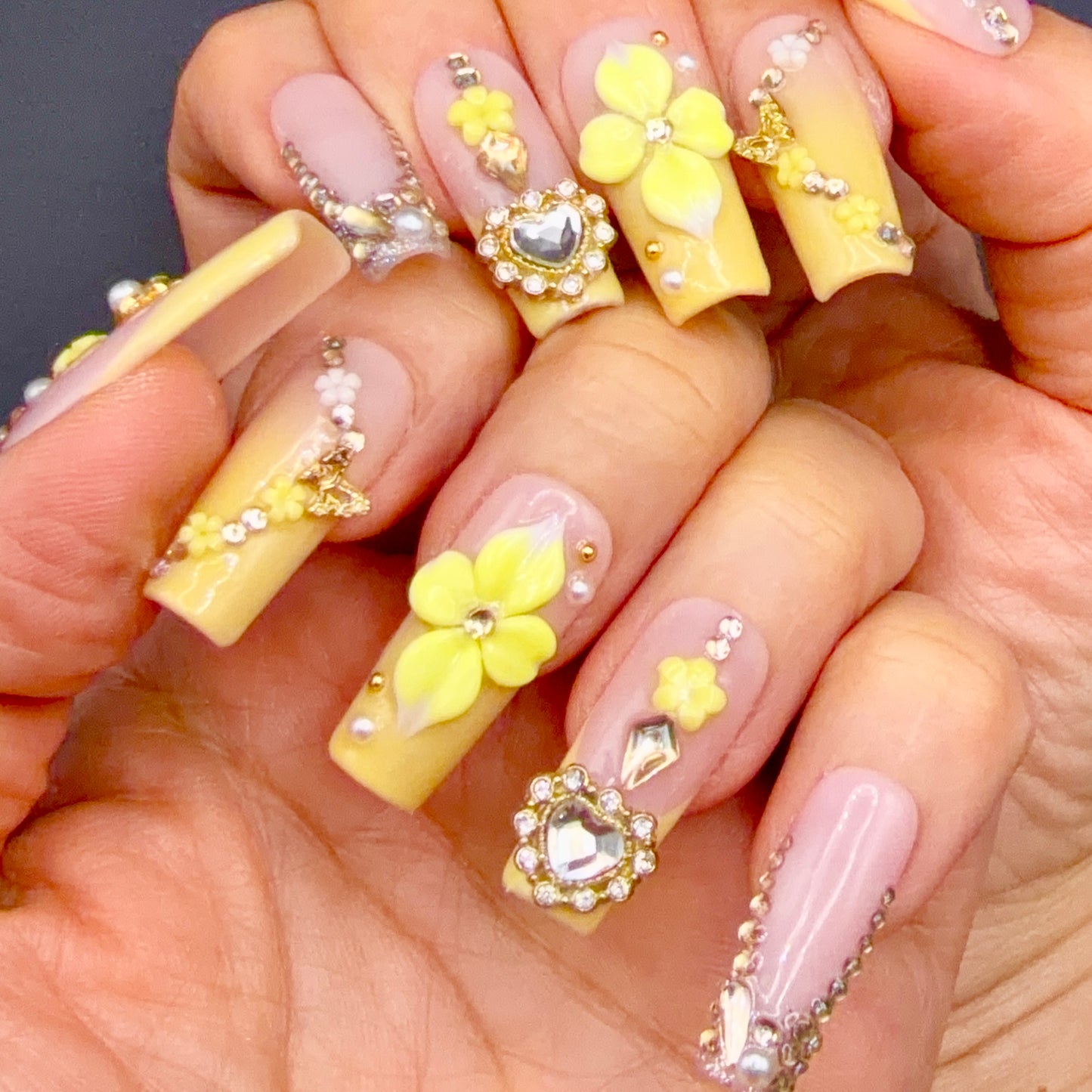 Lemon Blossom 3D Floral Jeweled Press-On Nails | Yellow French Tips