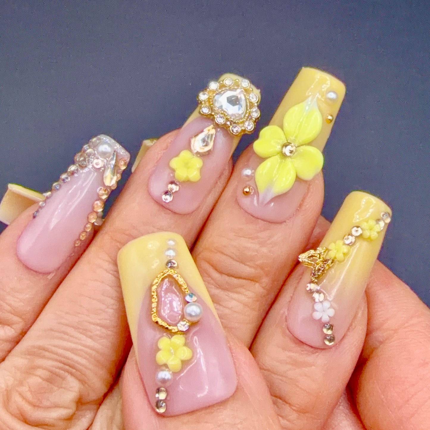 Lemon Blossom 3D Floral Jeweled Press-On Nails | Yellow French Tips