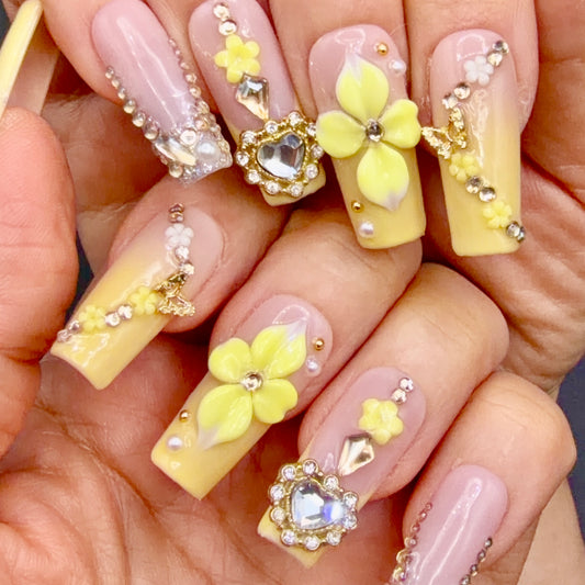 Lemon Blossom 3D Floral Jeweled Press-On Nails | Yellow French Tips