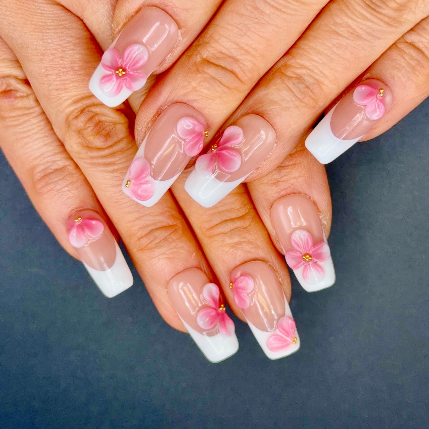 Pink Blossom White French Tip Press-On Nails | 3D Floral Square Nails