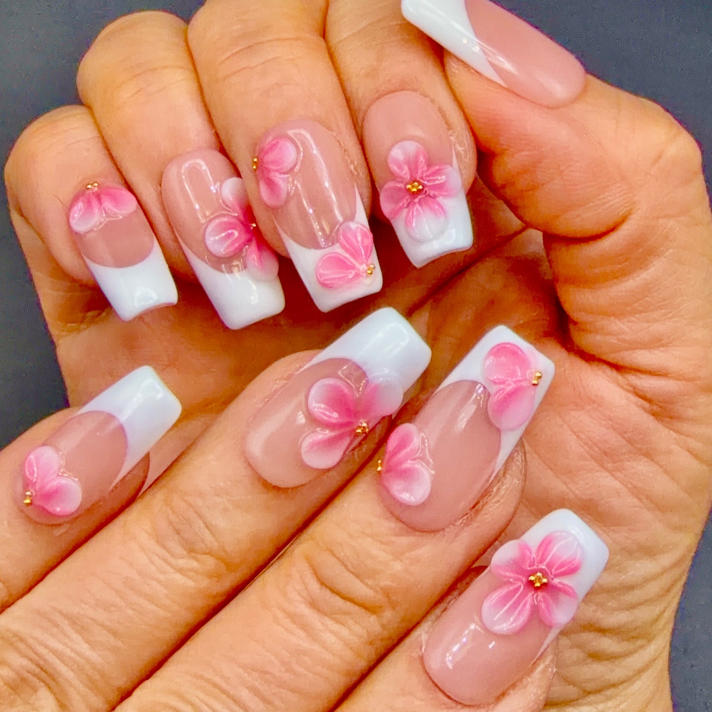 Pink Blossom White French Tip Press-On Nails | 3D Floral Square Nails