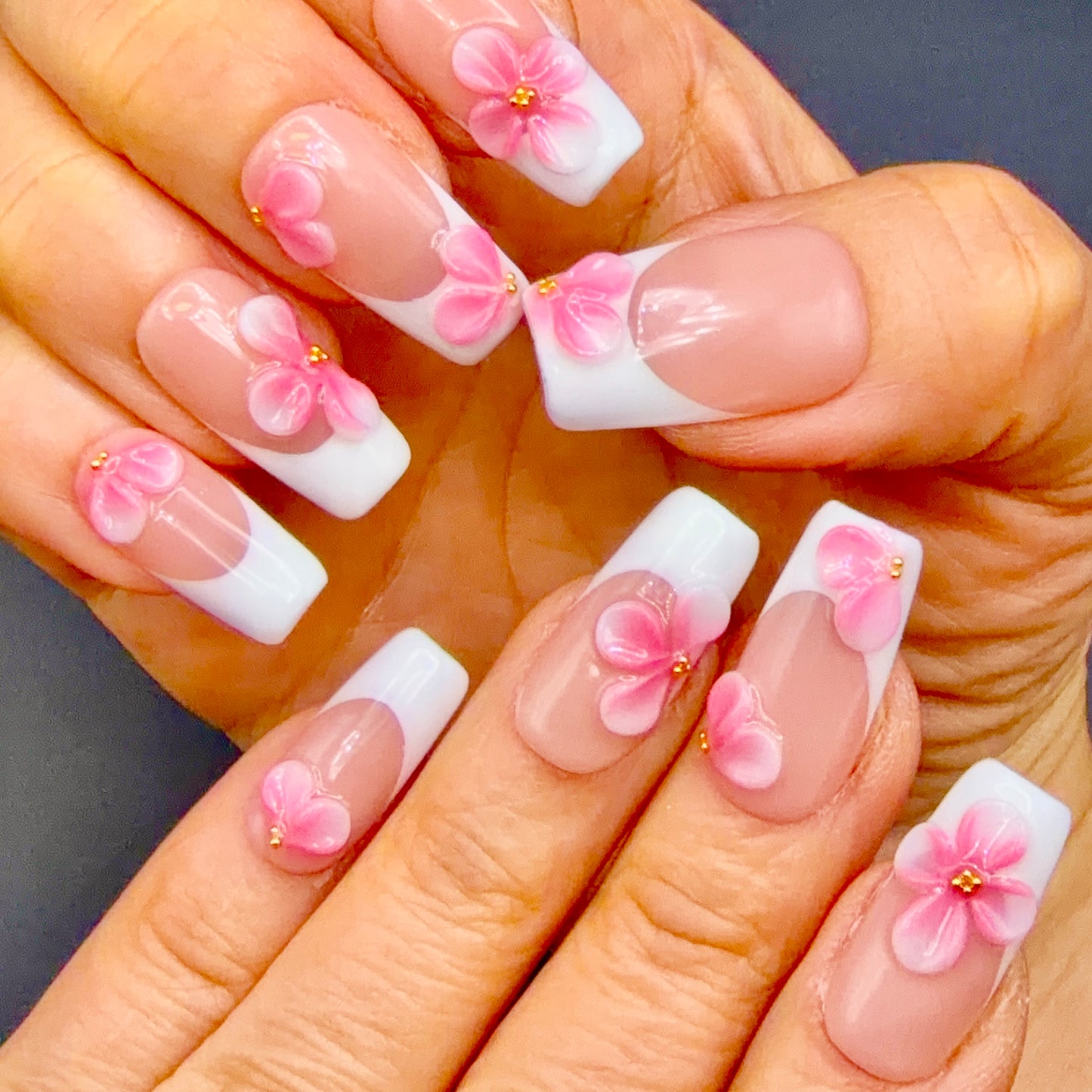 Pink Blossom White French Tip Press-On Nails | 3D Floral Square Nails