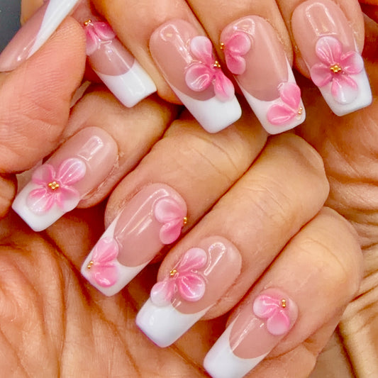 Pink Blossom White French Tip Press-On Nails | 3D Floral Square Nails