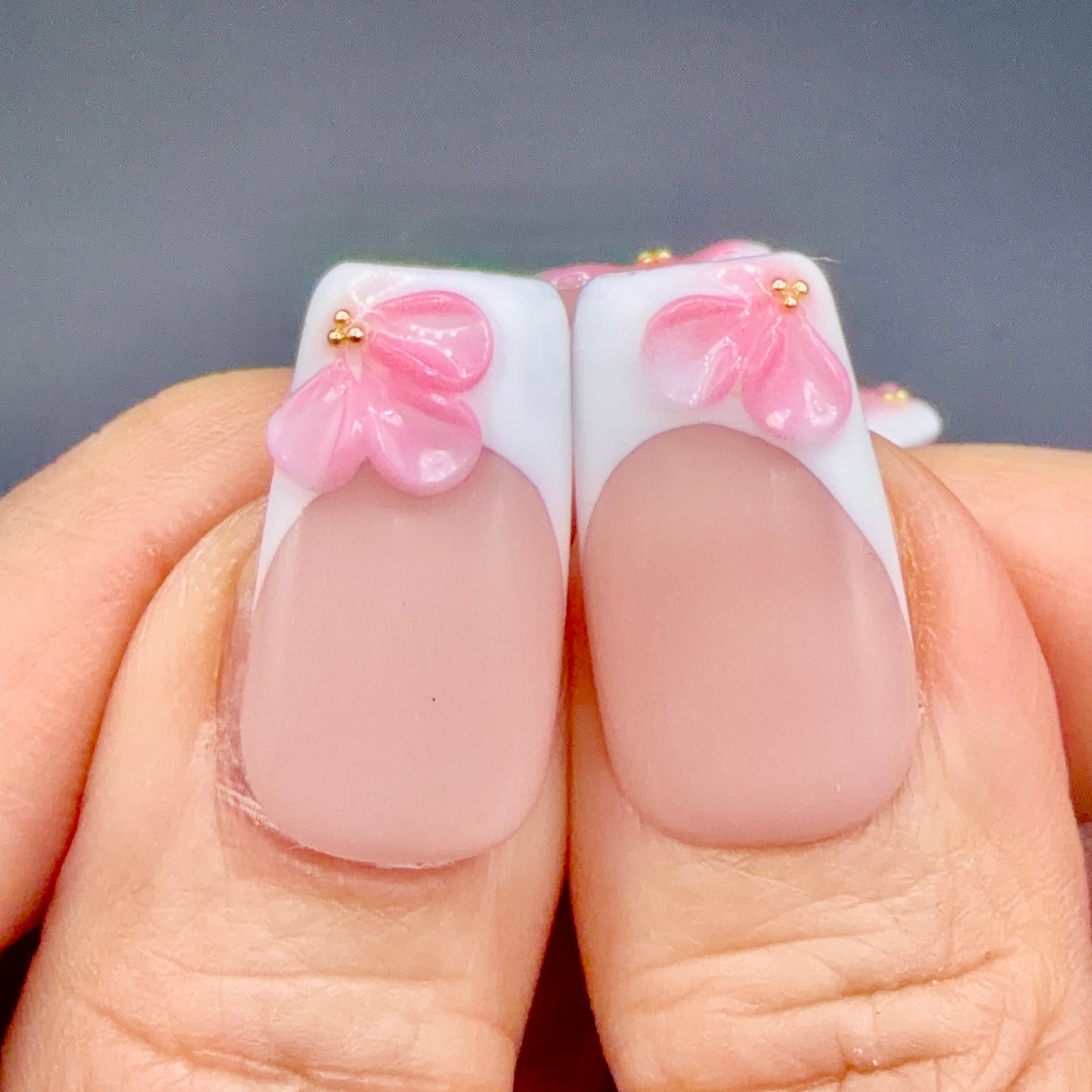 Pink Blossom White French Tip Press-On Nails | 3D Floral Square Nails