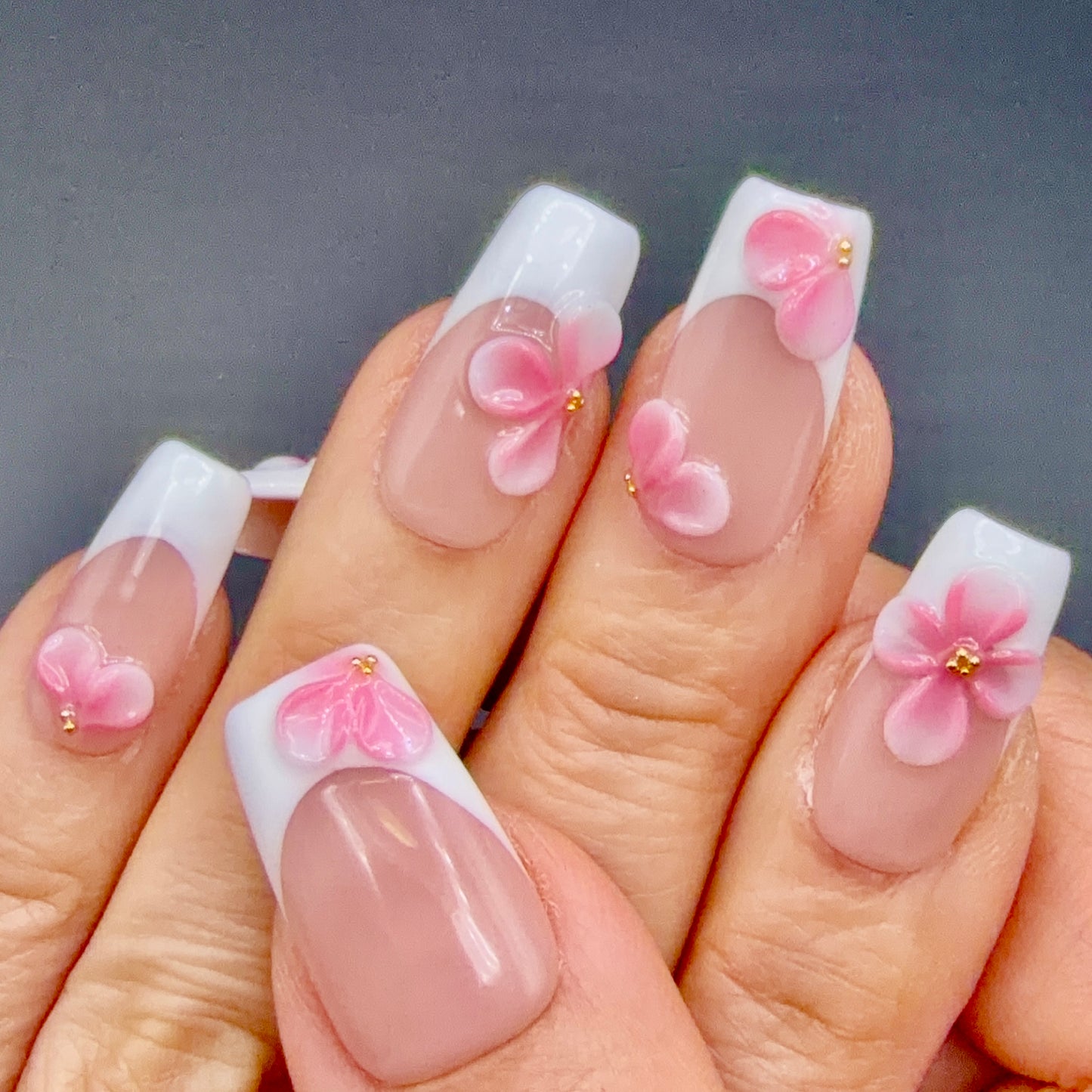 Pink Blossom White French Tip Press-On Nails | 3D Floral Square Nails