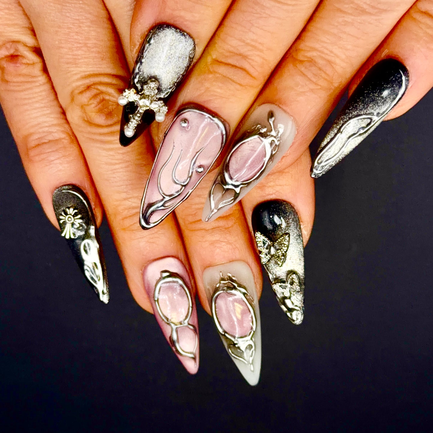 Midnight Butterfly Black & Silver 3D Press-On Nails | Gothic Stiletto Nails