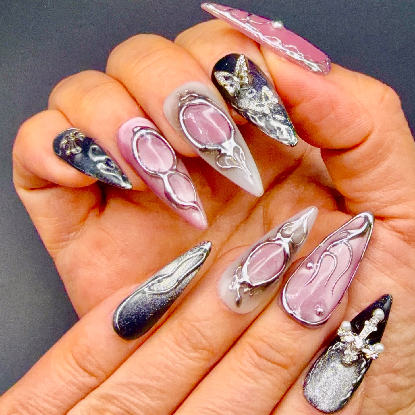 Midnight Butterfly Black & Silver 3D Press-On Nails | Gothic Stiletto Nails