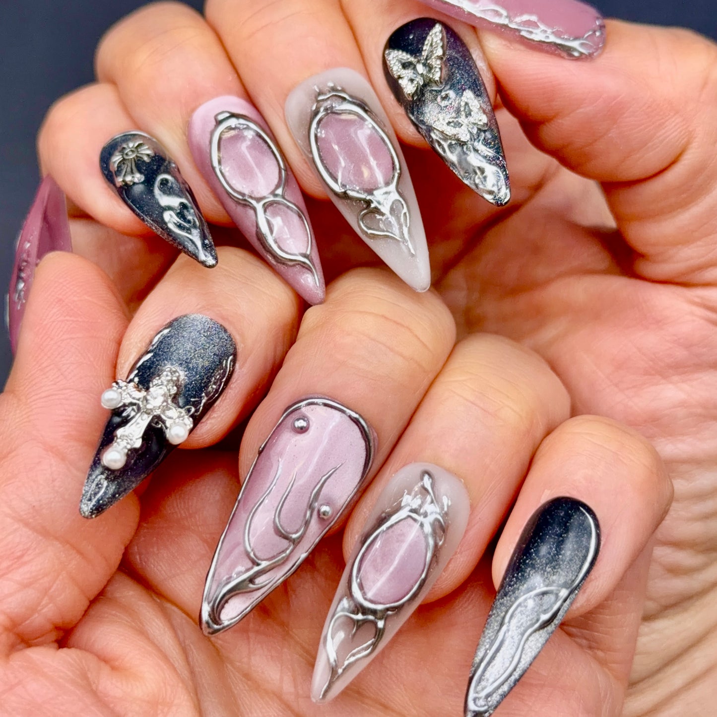 Midnight Butterfly Black & Silver 3D Press-On Nails | Gothic Stiletto Nails