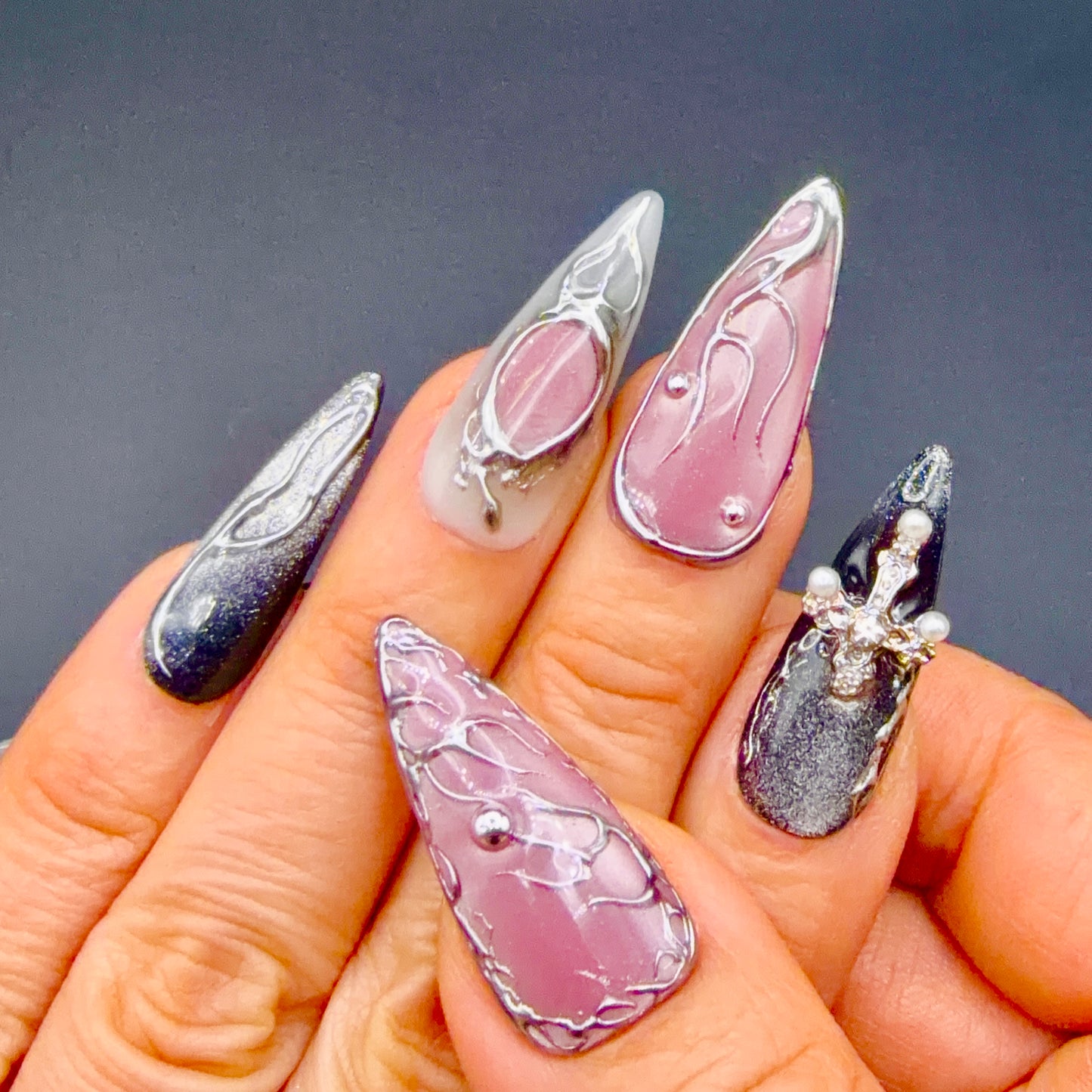 Midnight Butterfly Black & Silver 3D Press-On Nails | Gothic Stiletto Nails