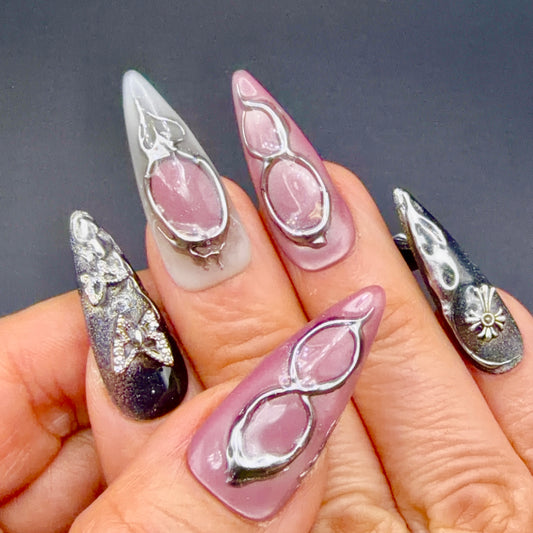 Midnight Butterfly Black & Silver 3D Press-On Nails | Gothic Stiletto Nails
