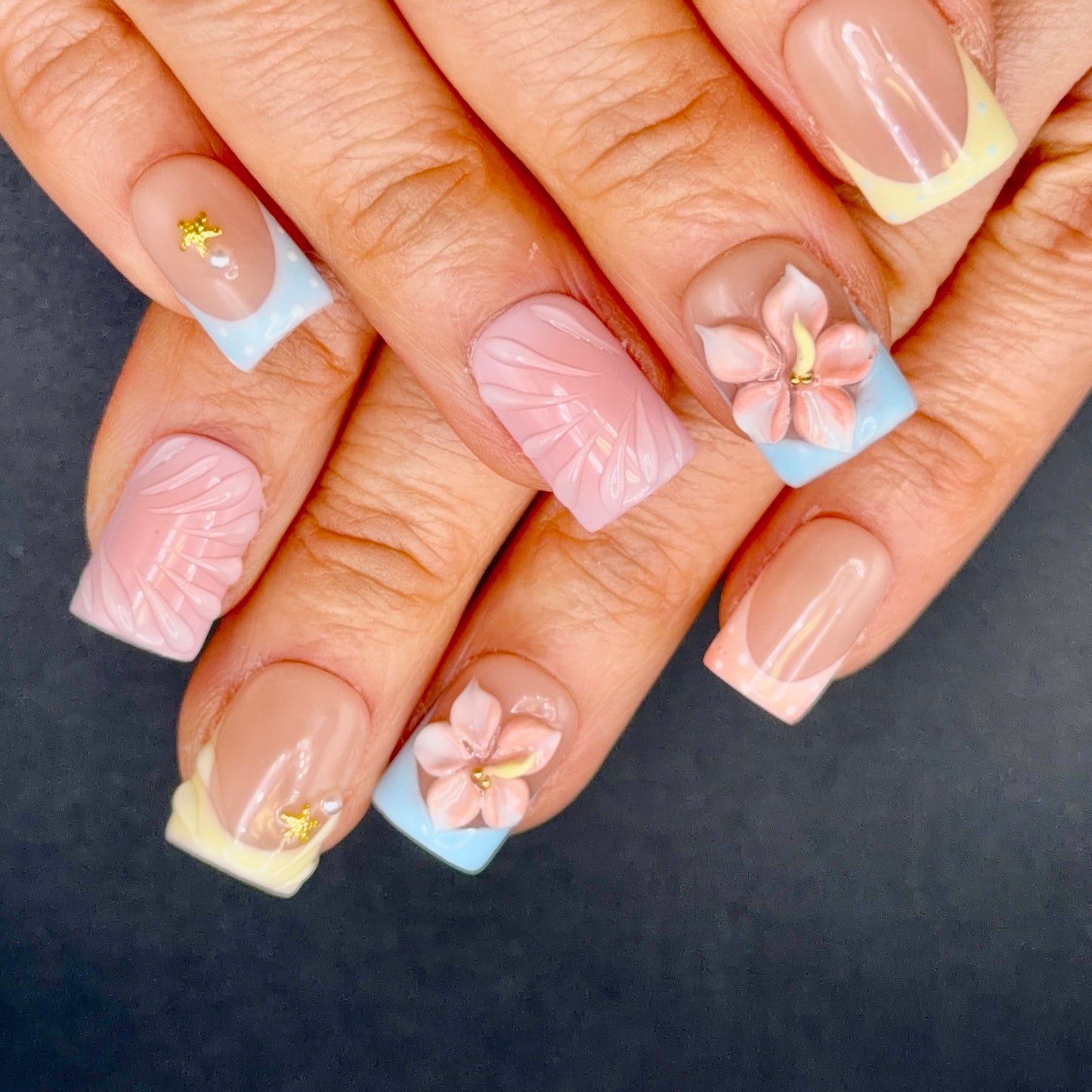 Pastel Paradise 3D Floral French Tip Press-On Nails | Pink Blue & Yellow Square Nails