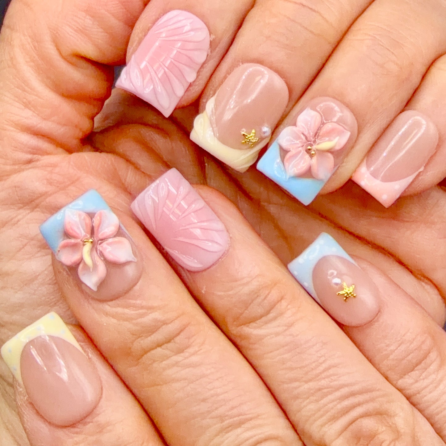Pastel Paradise 3D Floral French Tip Press-On Nails | Pink Blue & Yellow Square Nails