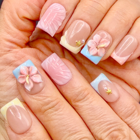 Pastel Paradise 3D Floral French Tip Press-On Nails | Pink Blue & Yellow Square Nails