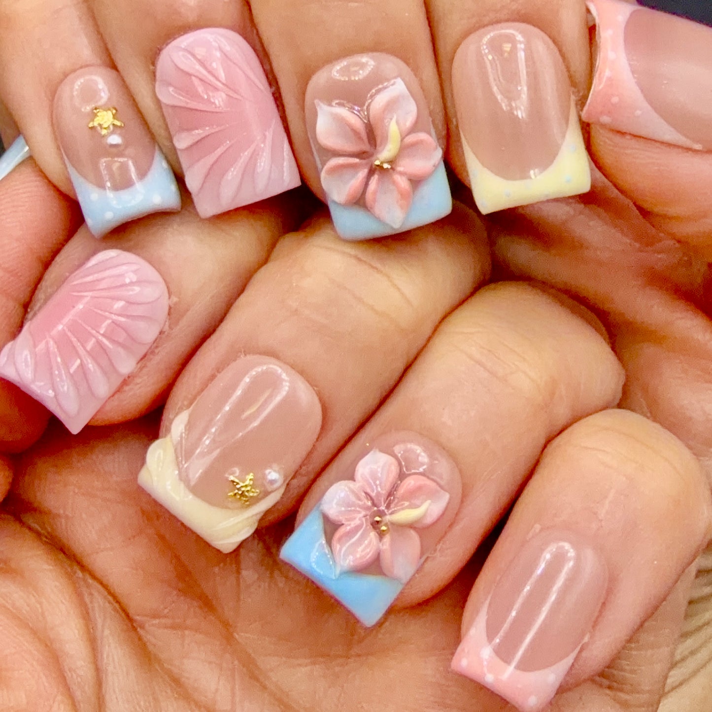 Pastel Paradise 3D Floral French Tip Press-On Nails | Pink Blue & Yellow Square Nails