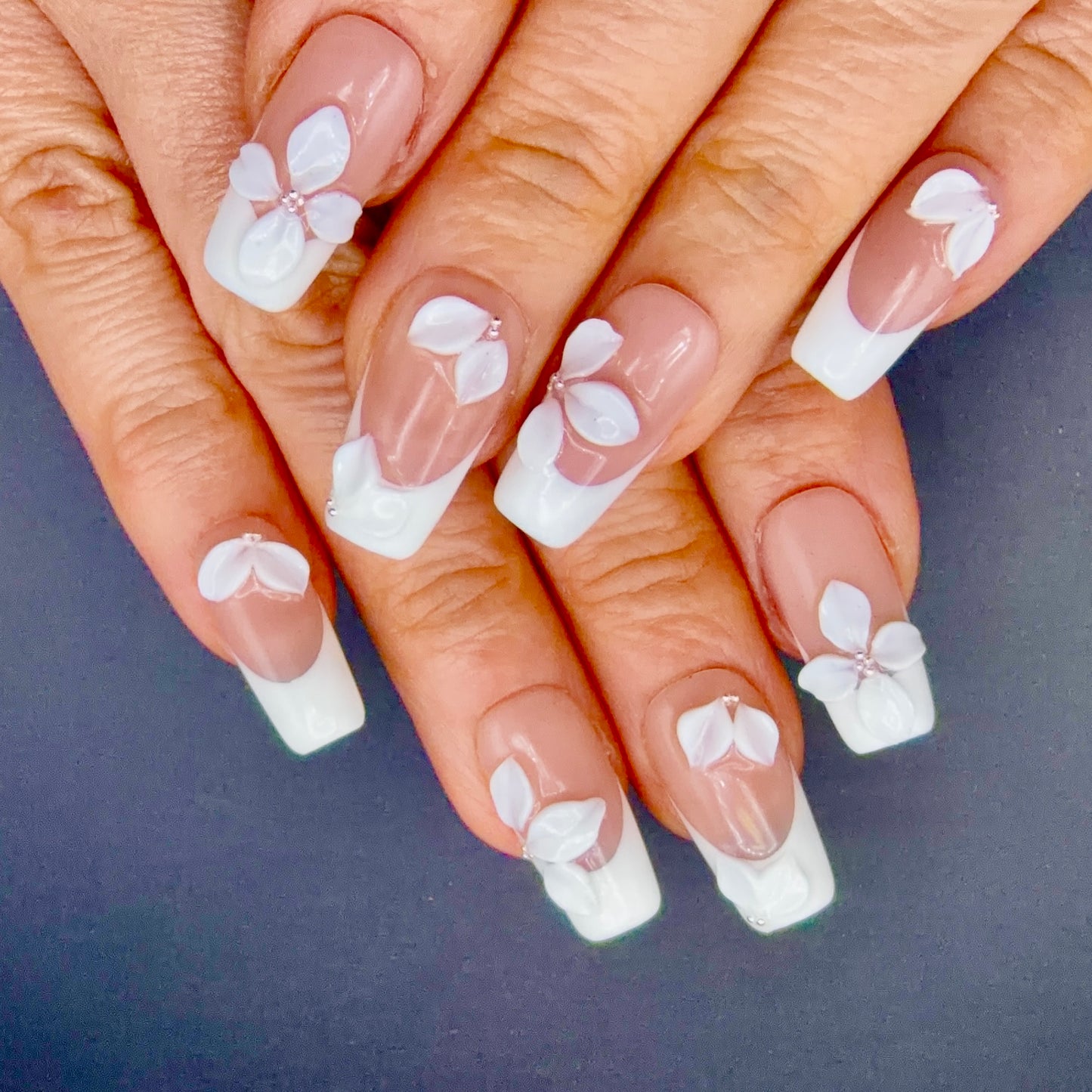 White Butterfly French Tip Press-On Nails | 3D Bridal Square Nails