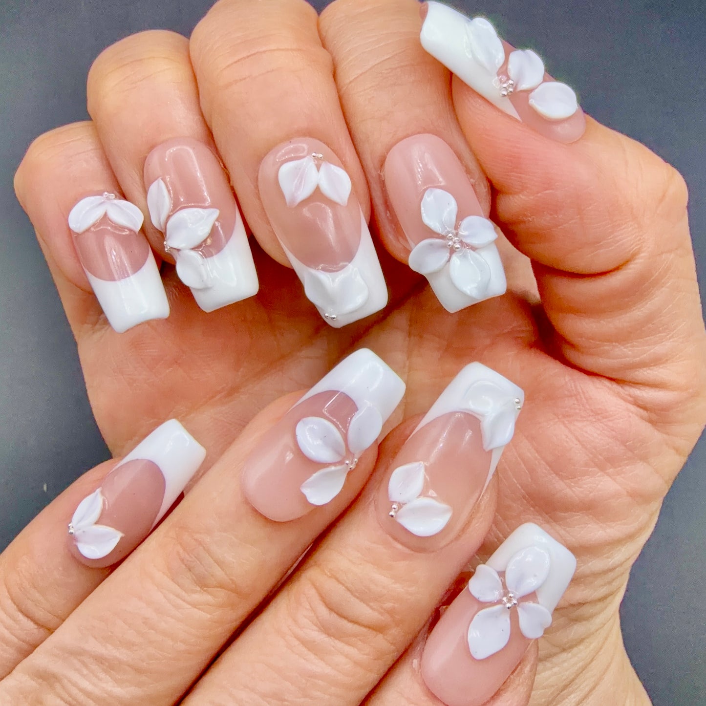 White Butterfly French Tip Press-On Nails | 3D Bridal Square Nails