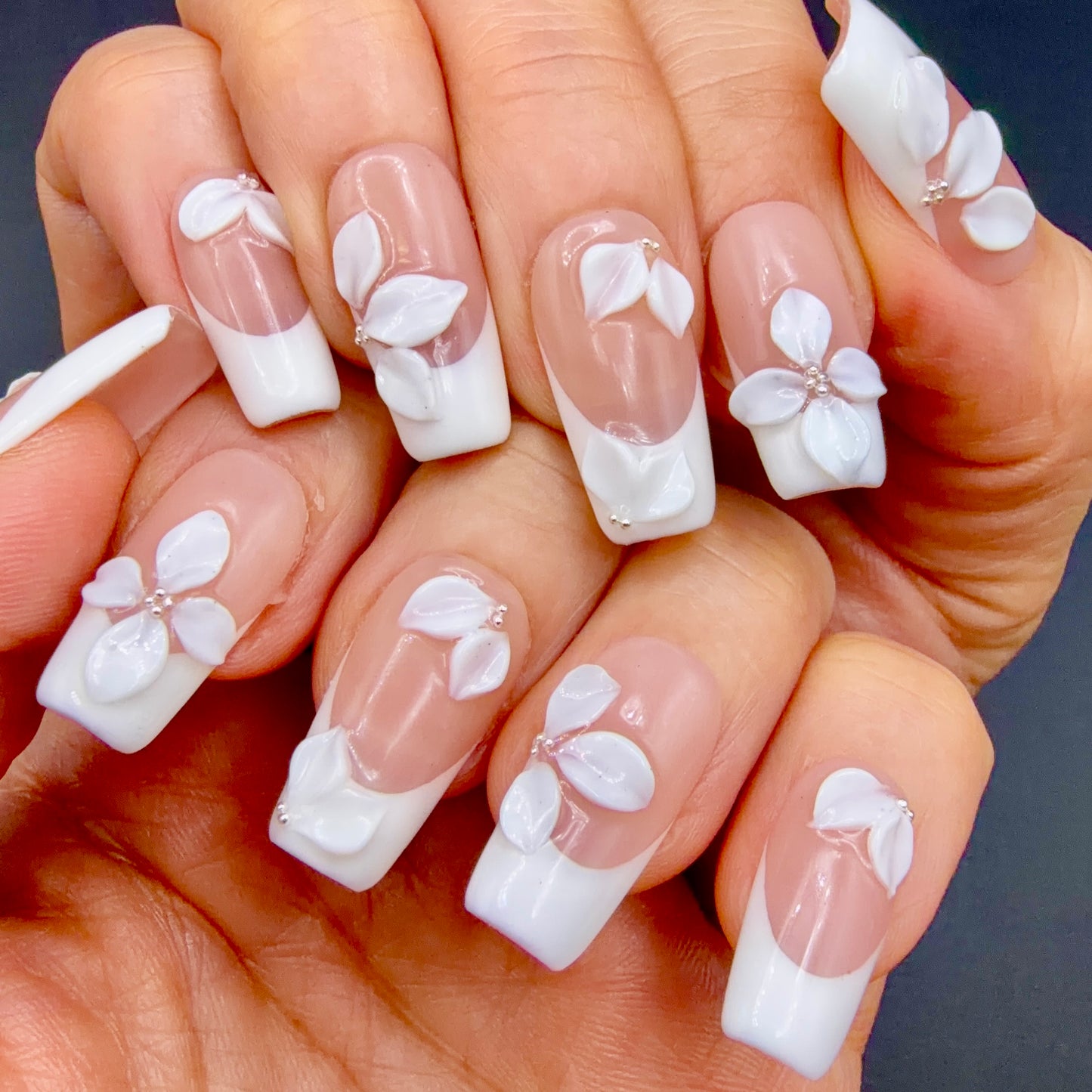 White Butterfly French Tip Press-On Nails | 3D Bridal Square Nails