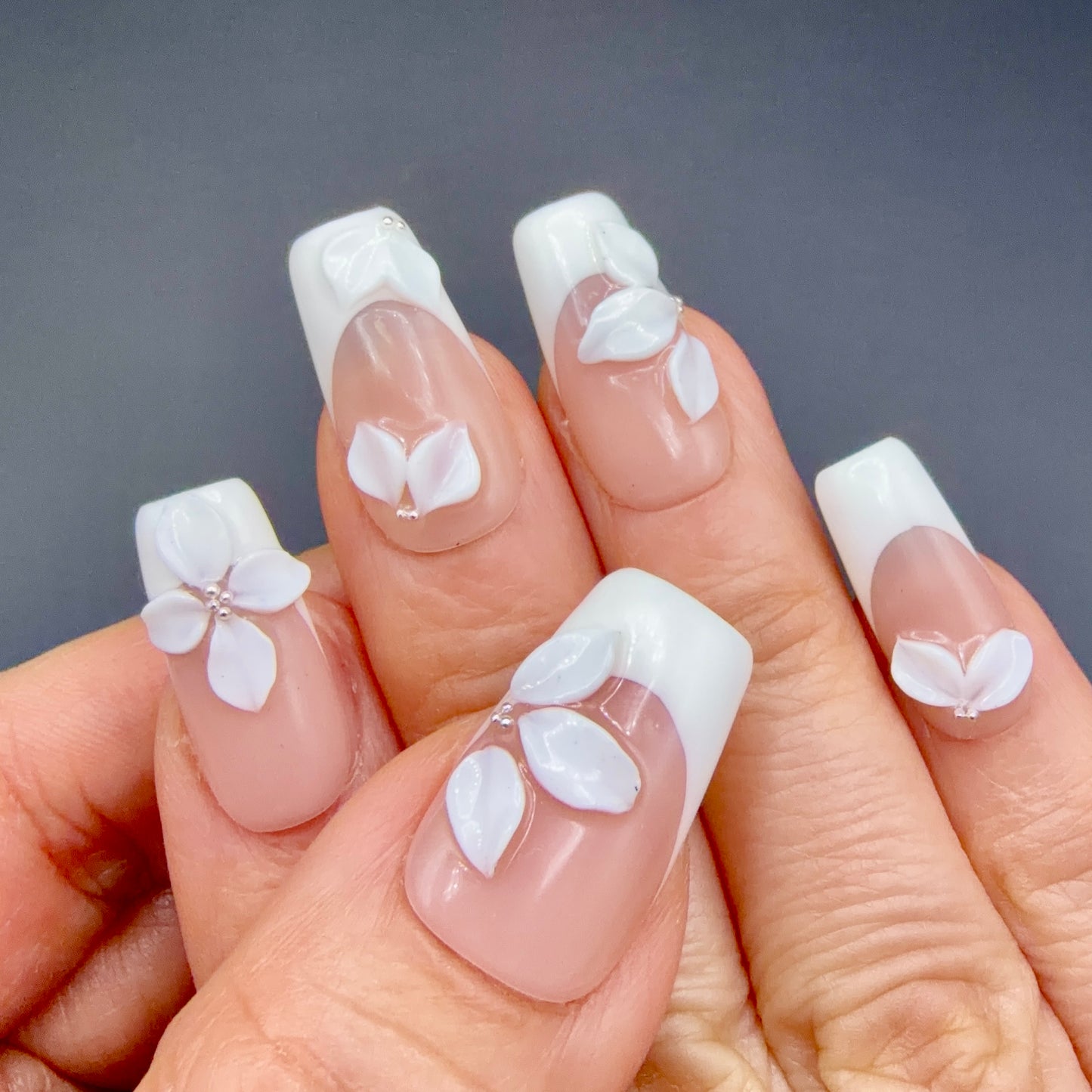 White Butterfly French Tip Press-On Nails | 3D Bridal Square Nails